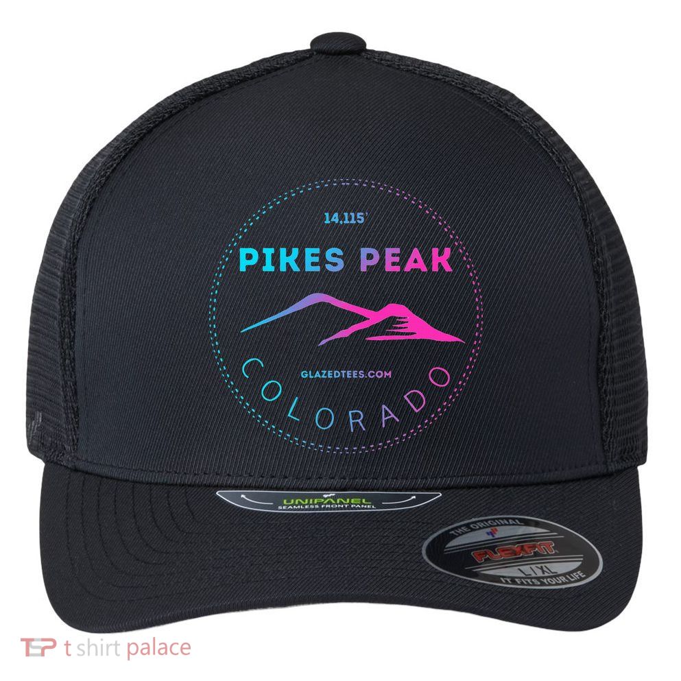 Pikes Peak Colorado Retro Mountain Adventure Flexfit Unipanel Trucker Cap