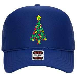 Paw Printed Christmas Tree Dog Puppies Cute Xmas Holiday Gift High Crown Mesh Back Trucker Hat