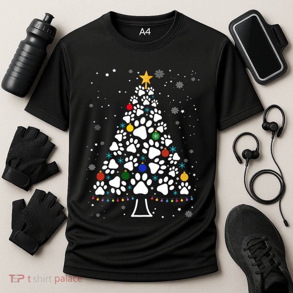 Paw Print Christmas Tree Lights Matching Family Xmas Performance Shirt