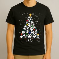 Paw Print Christmas Tree Lights Matching Family Xmas T-Shirt