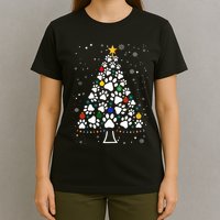 Paw Print Christmas Tree Lights Matching Family Xmas T-Shirt