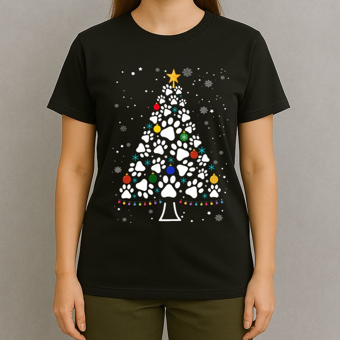 Paw Print Christmas Tree Lights Matching Family Xmas T-Shirt
