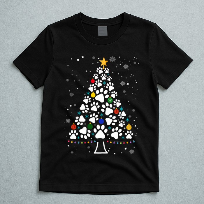Paw Print Christmas Tree Lights Matching Family Xmas T-Shirt