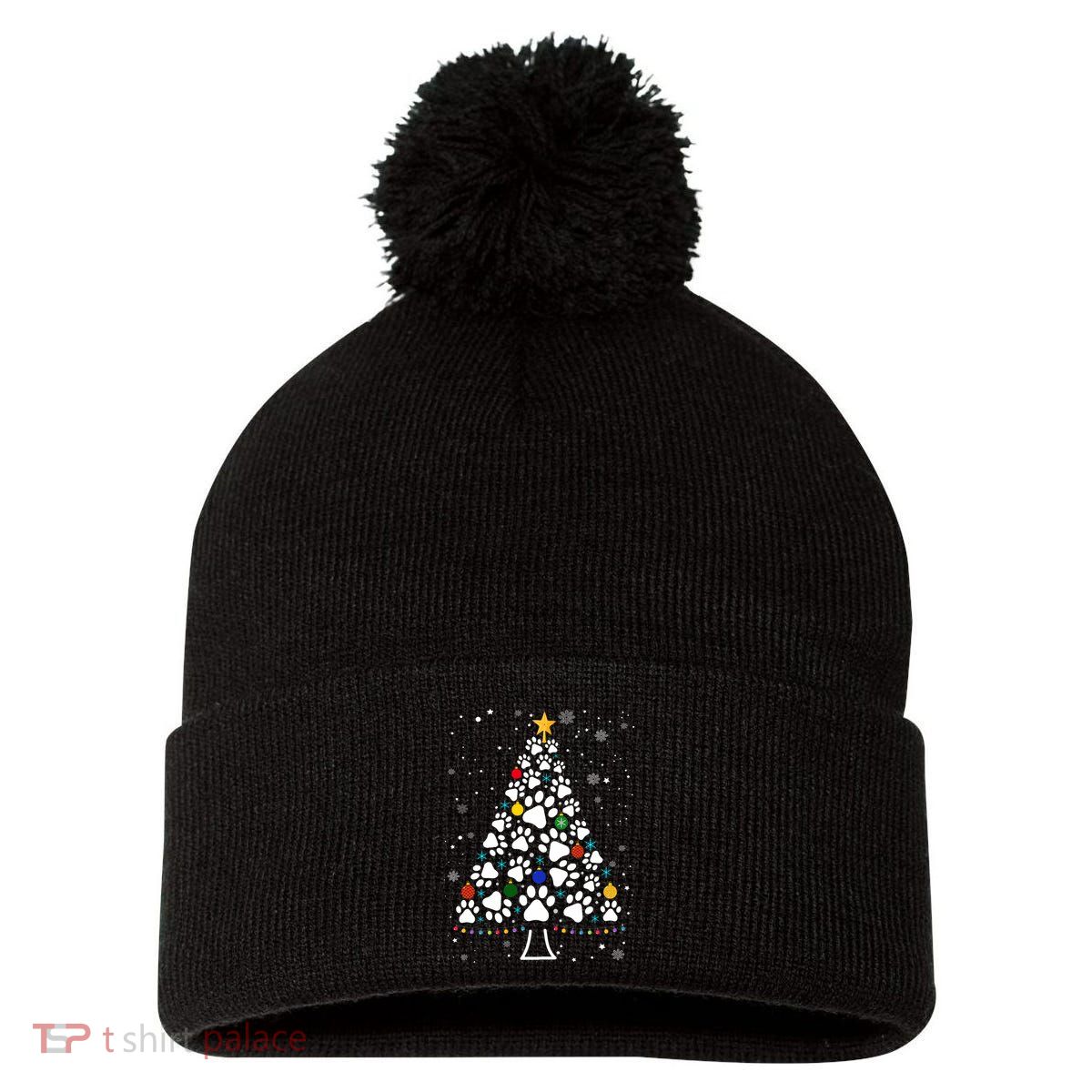Paw Print Christmas Tree Lights Matching Family Xmas Pom Pom 12in Knit Beanie