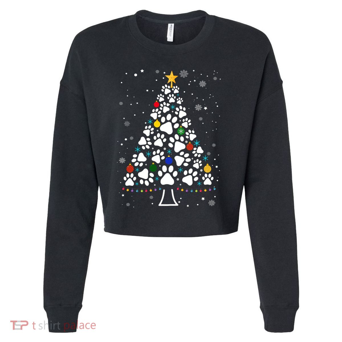 Paw Print Christmas Tree Lights Matching Family Xmas Cropped Pullover Crew