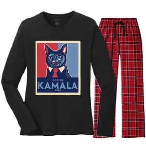 Politically Purrfect Cats For Kamala Harris 2024 President Gift Women's Long Sleeve Flannel Pajama Set 