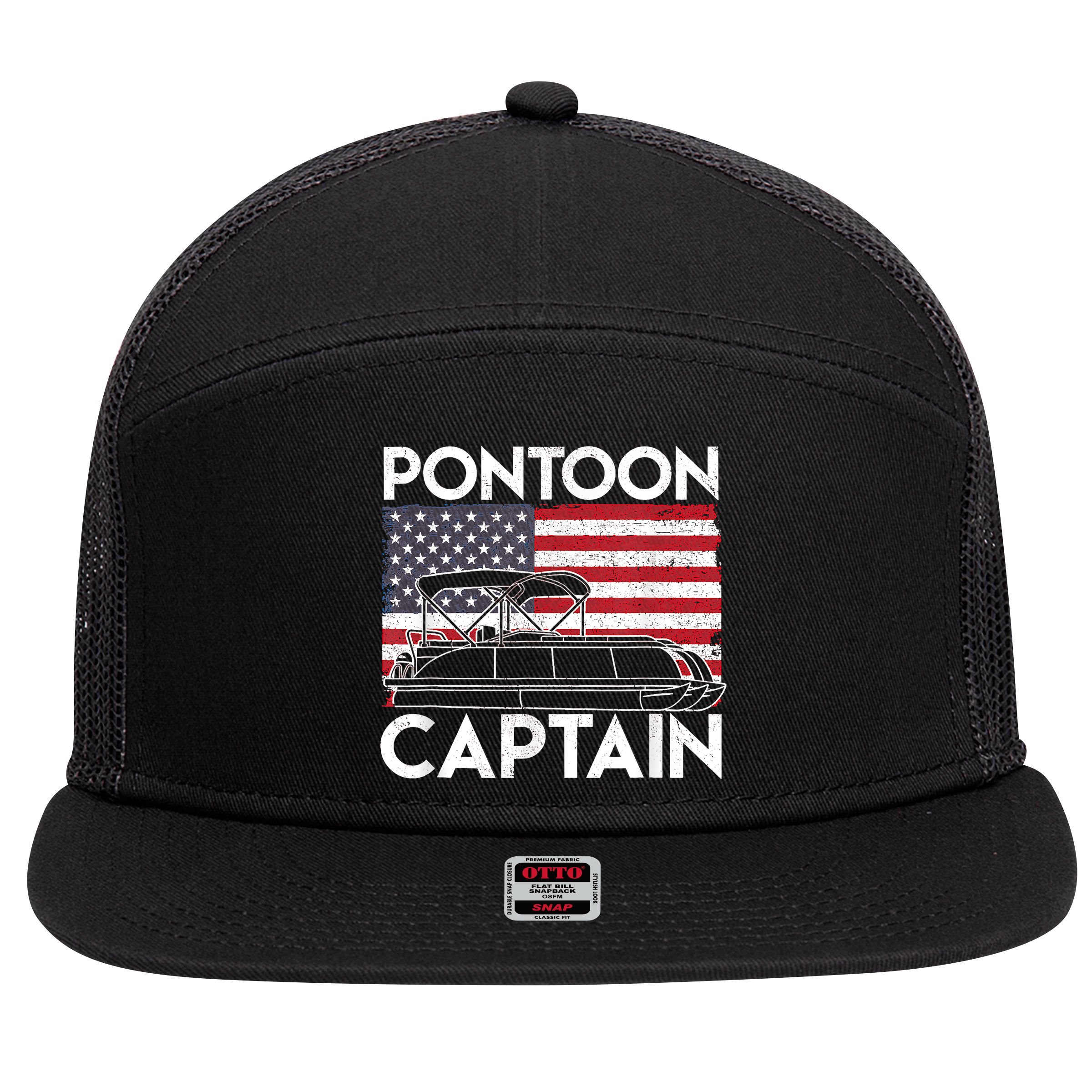 Patriotic Pontoon Captain Us American Flag Funny Boat Owner 7 Panel Mesh Trucker Snapback Hat