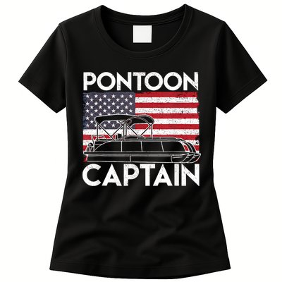 Patriotic Pontoon Captain Us American Flag Funny Boat Owner Womens T-Shirt
