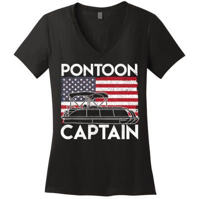 Patriotic Pontoon Captain Us American Flag Funny Boat Owner Women's V-Neck T-Shirt