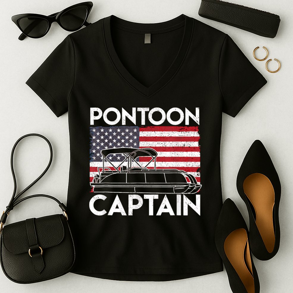 Patriotic Pontoon Captain Us American Flag Funny Boat Owner Women's V-Neck T-Shirt