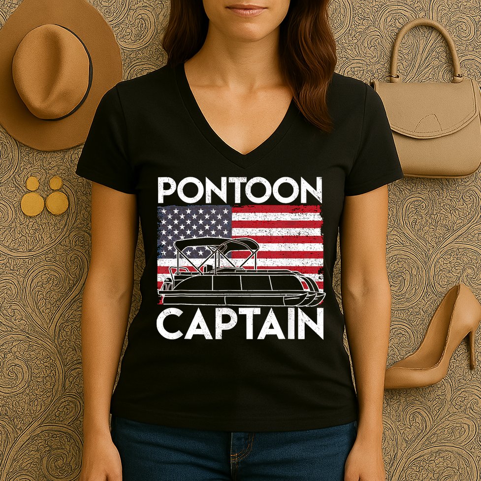 Patriotic Pontoon Captain Us American Flag Funny Boat Owner Women's V-Neck T-Shirt