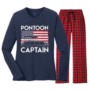 Patriotic Pontoon Captain Us American Flag Funny Boat Owner Women's Long Sleeve Flannel Pajama Set 