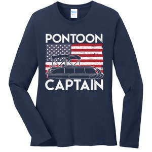 Patriotic Pontoon Captain Us American Flag Funny Boat Owner Ladies Long Sleeve Shirt