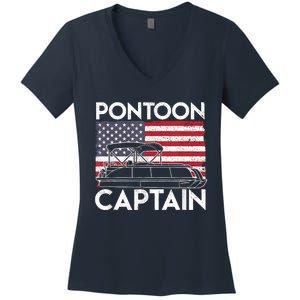 Patriotic Pontoon Captain Us American Flag Funny Boat Owner Women's V-Neck T-Shirt