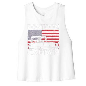 Patriotic Pontoon Captain Us American Flag Funny Boat Owner Women's Racerback Cropped Tank