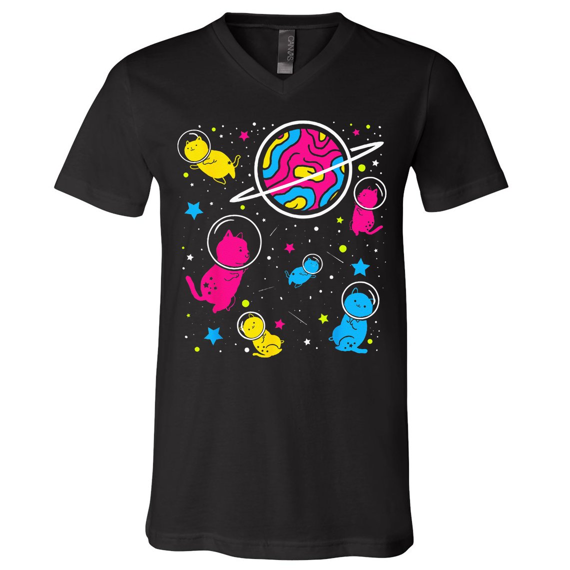 Pan Pride Cat In Space Pansexual V-Neck T-Shirt