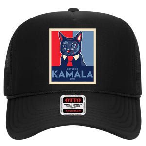 Politically Purrfect Cats For Kamala Harris 2024 President High Crown Mesh Back Trucker Hat