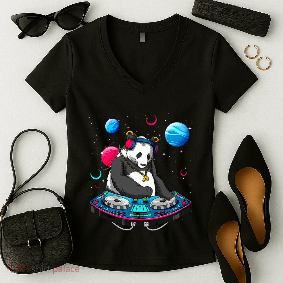 Psychedelic Panda DJEDM Raver Trance Music  Women's V-Neck T-Shirt