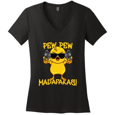 Pew Pew Duck Funny Madafakas Women's V-Neck T-Shirt