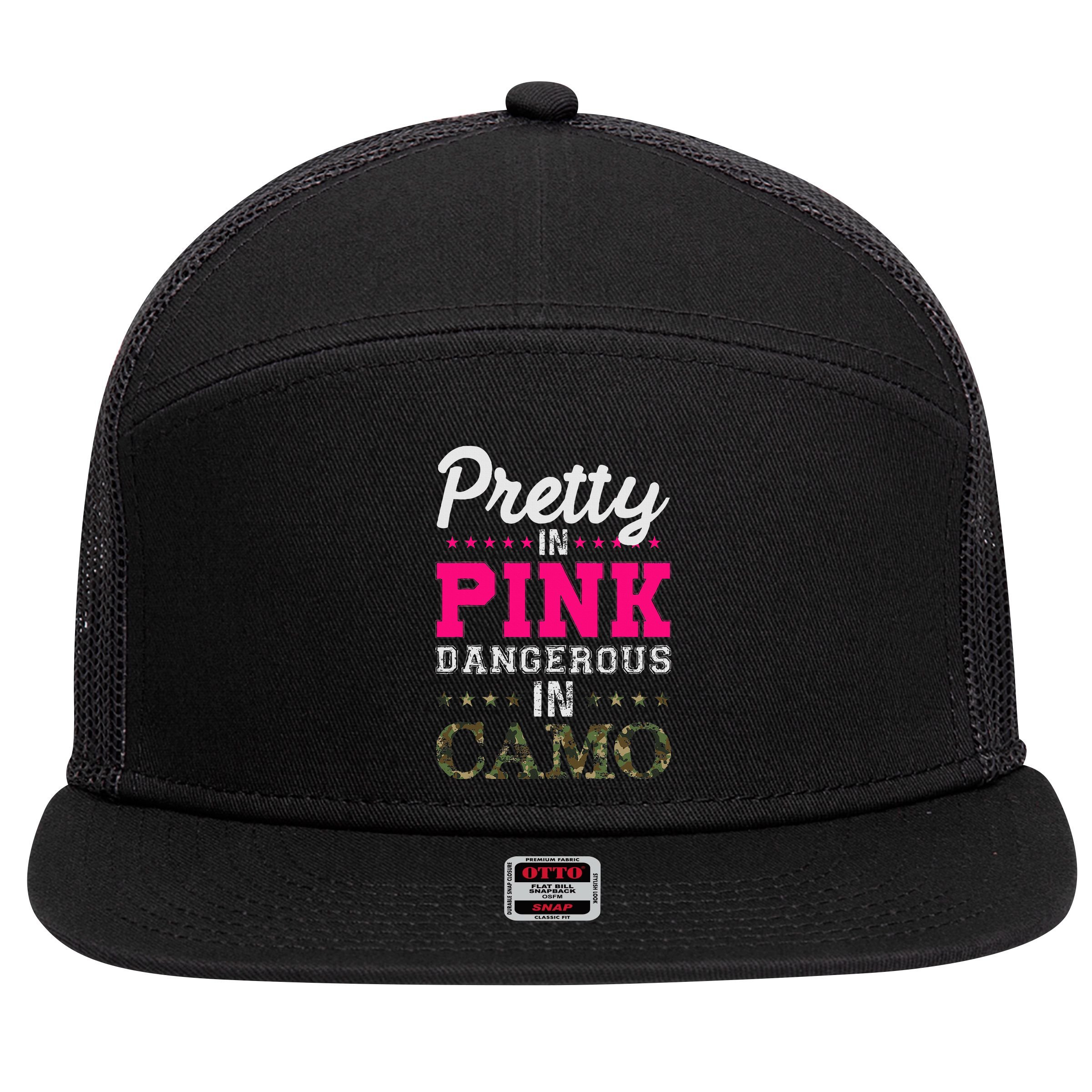 Pretty Pink Dangerous In Camo Hunter 7 Panel Mesh Trucker Snapback Hat