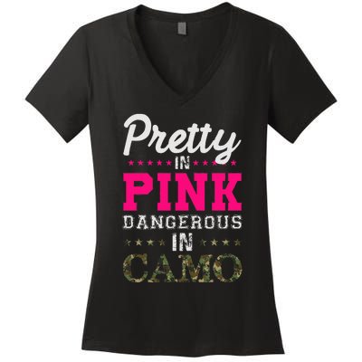 Pretty Pink Dangerous In Camo Hunter Women's V-Neck T-Shirt