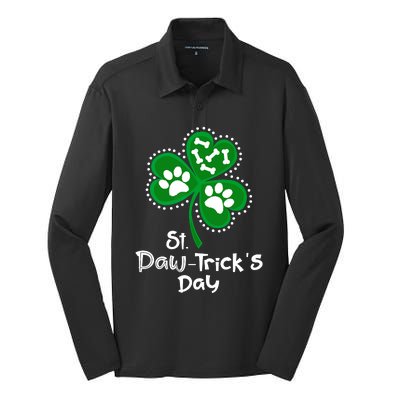 Paw Print Dog Owner Lover St Patricks Day Shamrock Silk Touch Performance Long Sleeve Polo