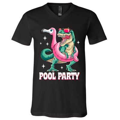 Pool Party Dinosaur Flamingo Float Funny T Rex Summer V-Neck T-Shirt