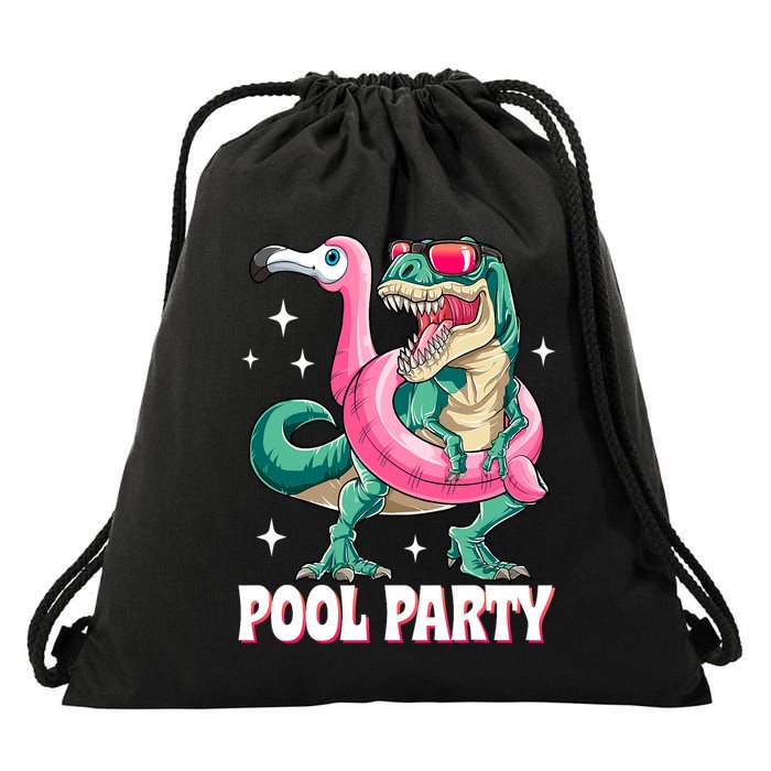 Pool Party Dinosaur Flamingo Float Funny T Rex Summer Drawstring Bag