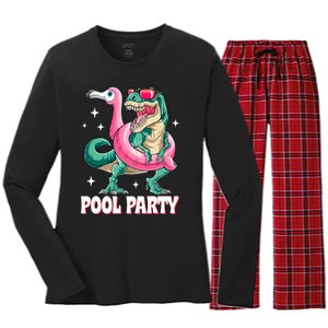 Pool Party Dinosaur Flamingo Float Funny T Rex Summer Women's Long Sleeve Flannel Pajama Set 