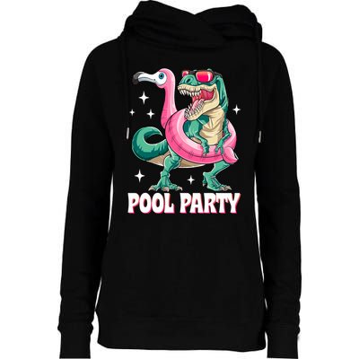 Pool Party Dinosaur Flamingo Float Funny T Rex Summer Womens Funnel Neck Pullover Hood