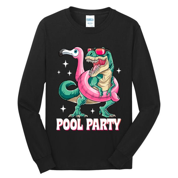 Pool Party Dinosaur Flamingo Float Funny T Rex Summer Tall Long Sleeve T-Shirt