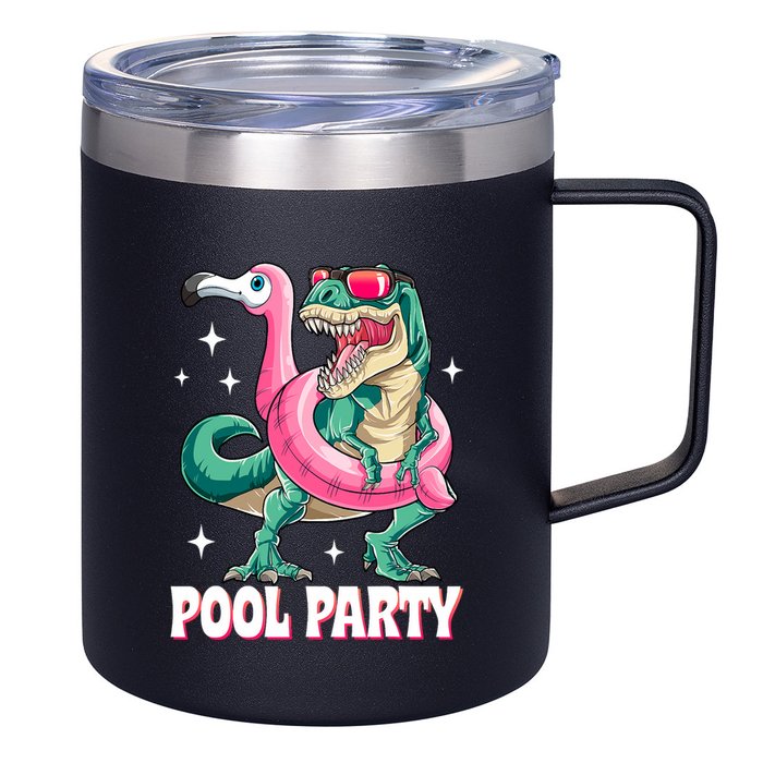 Pool Party Dinosaur Flamingo Float Funny T Rex Summer 12oz Stainless Steel Coffee Mug