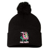 Pool Party Dinosaur Flamingo Float Funny T Rex Summer Pom Pom 12in Knit Beanie