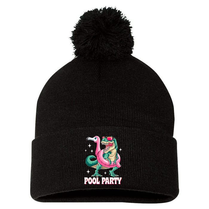 Pool Party Dinosaur Flamingo Float Funny T Rex Summer Pom Pom 12in Knit Beanie