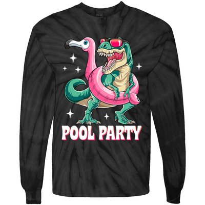 Pool Party Dinosaur Flamingo Float Funny T Rex Summer Tie-Dye Long Sleeve Shirt