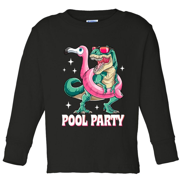 Pool Party Dinosaur Flamingo Float Funny T Rex Summer Toddler Long Sleeve Shirt