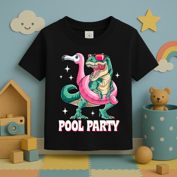 Pool Party Dinosaur Flamingo Float Funny T Rex Summer Toddler T-Shirt