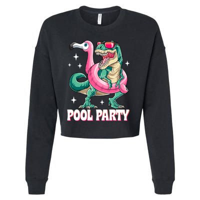 Pool Party Dinosaur Flamingo Float Funny T Rex Summer Cropped Pullover Crew