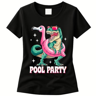 Pool Party Dinosaur Flamingo Float Funny T Rex Summer Womens T-Shirt