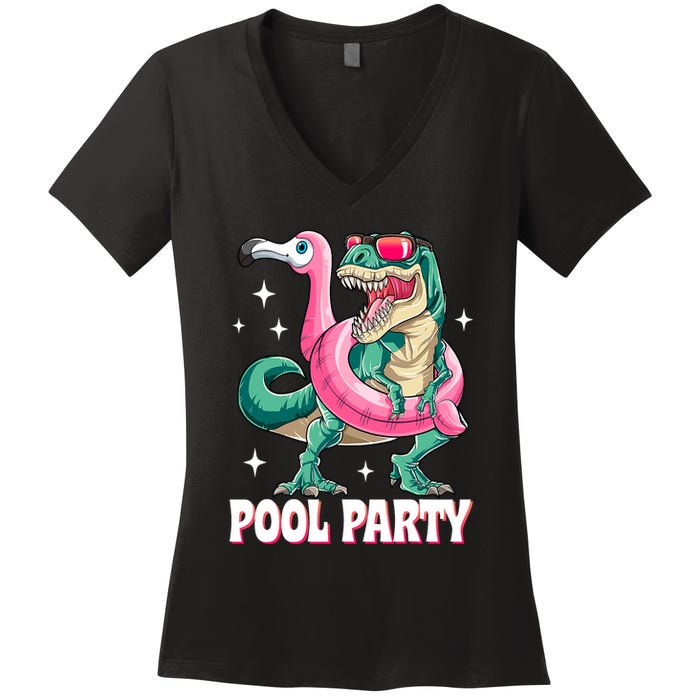 Pool Party Dinosaur Flamingo Float Funny T Rex Summer Women's V-Neck T-Shirt