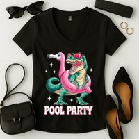 Pool Party Dinosaur Flamingo Float Funny T Rex Summer Women's V-Neck T-Shirt