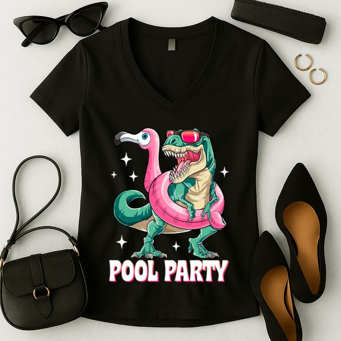 Pool Party Dinosaur Flamingo Float Funny T Rex Summer Women's V-Neck T-Shirt