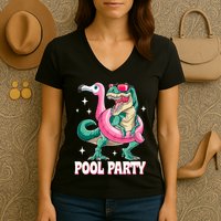 Pool Party Dinosaur Flamingo Float Funny T Rex Summer Women's V-Neck T-Shirt