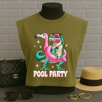 Pool Party Dinosaur Flamingo Float Funny T Rex Summer Garment-Dyed Women's Muscle Tee