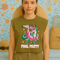 Pool Party Dinosaur Flamingo Float Funny T Rex Summer Garment-Dyed Women's Muscle Tee