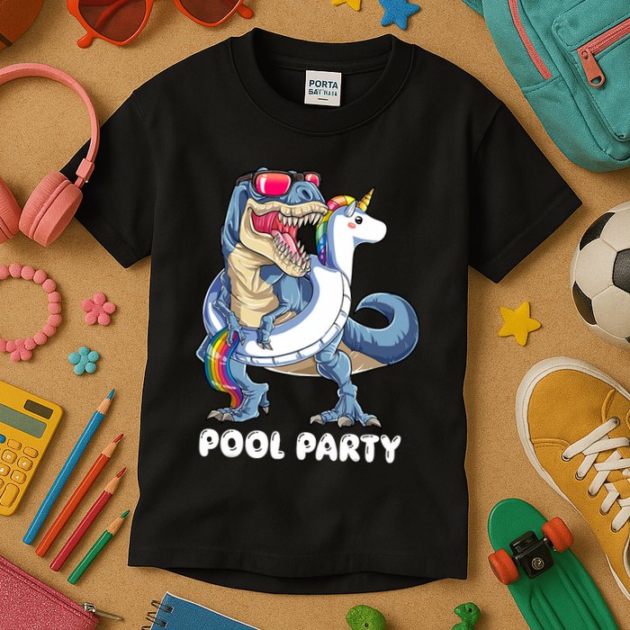 Pool Party Dinosaur Unicorn T Rex Float Rainbow Gift Kids T-Shirt