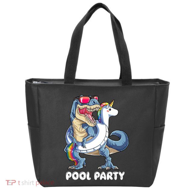 Pool Party Dinosaur Unicorn T Rex Float Rainbow Gift Zip Tote Bag