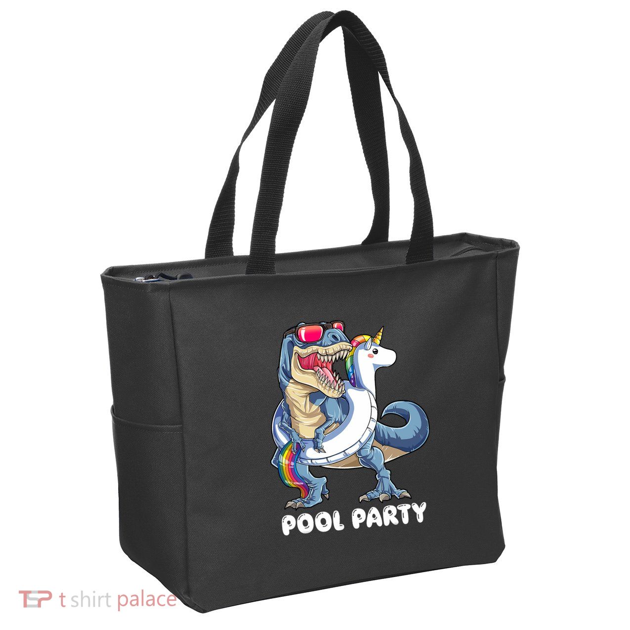 Pool Party Dinosaur Unicorn T Rex Float Rainbow Gift Zip Tote Bag