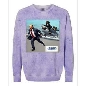 Political Poet Donald Trump And Kalama Harris Riding A Shark Colorblast Crewneck Sweatshirt