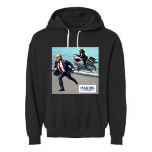 Political Poet Donald Trump And Kalama Harris Riding A Shark Garment-Dyed Fleece Hoodie